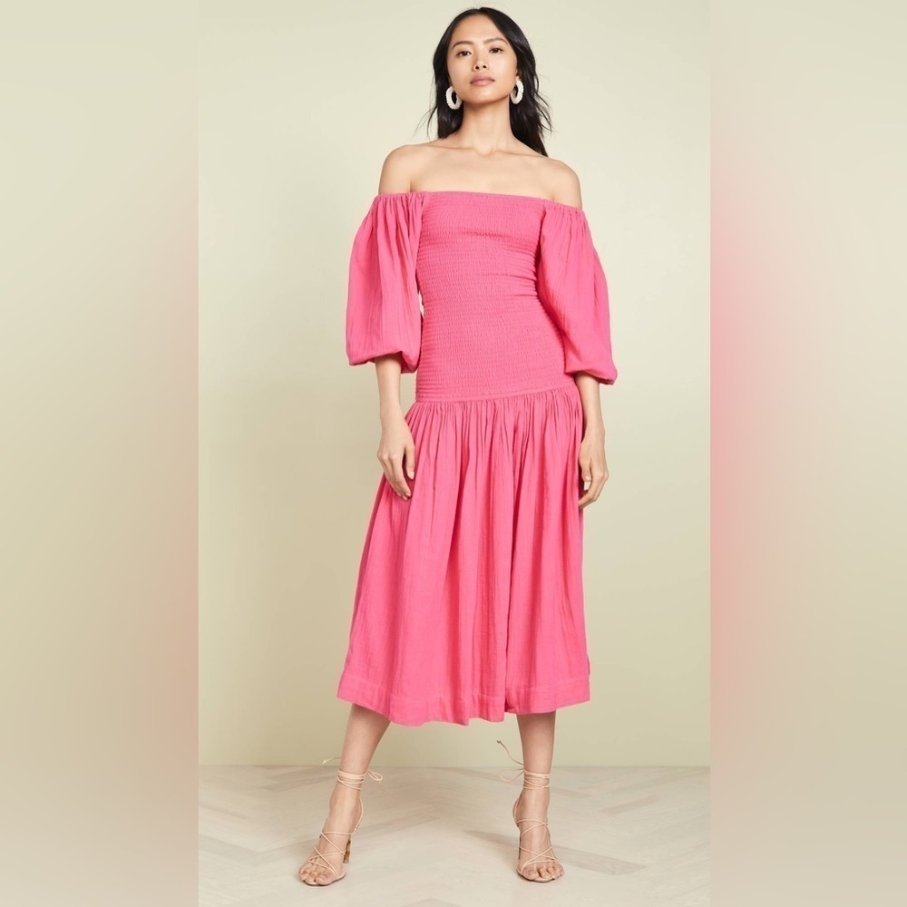 RHODE / HARPER ruched off shoulder hot pink midi DRESS XS cotton gauze